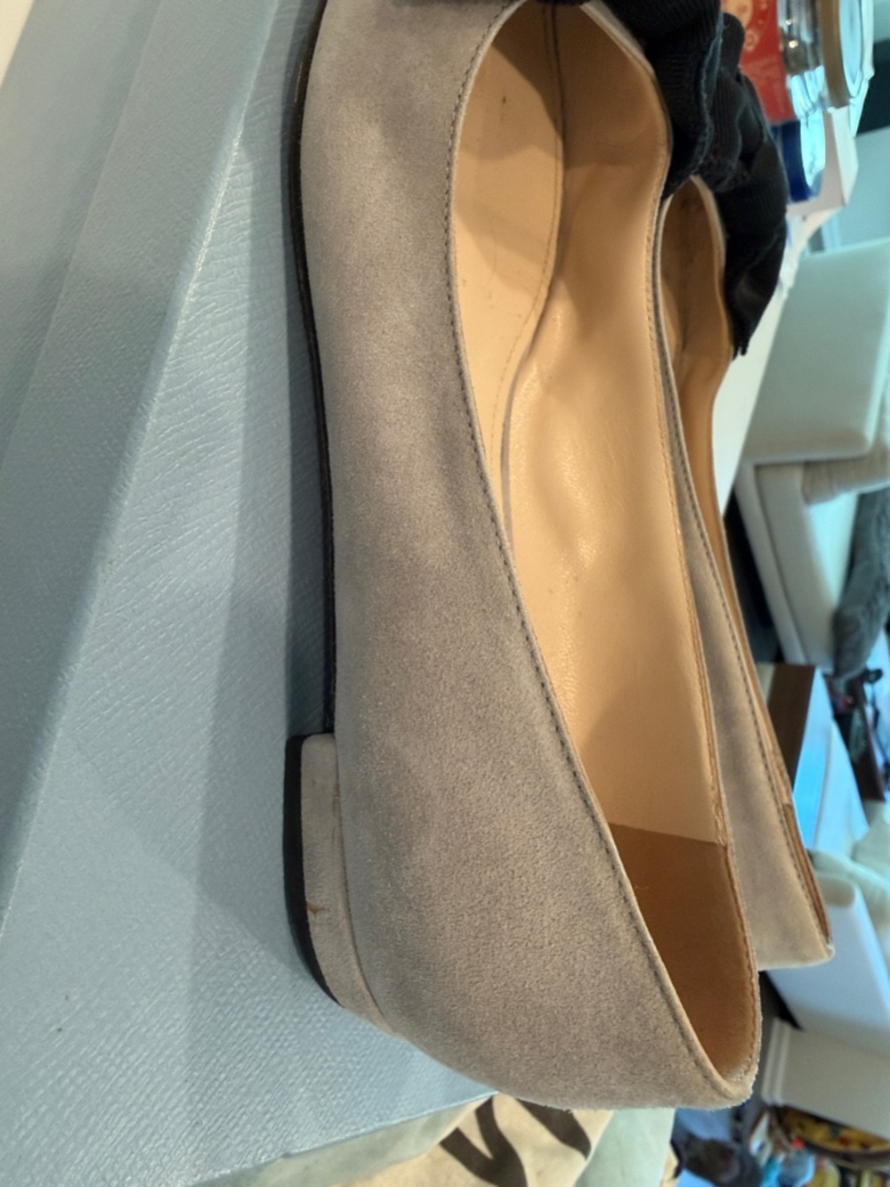 Prada Two-Tone Pointed Bow Suede Flats in Light Gray and Black - Picture 3 of 4